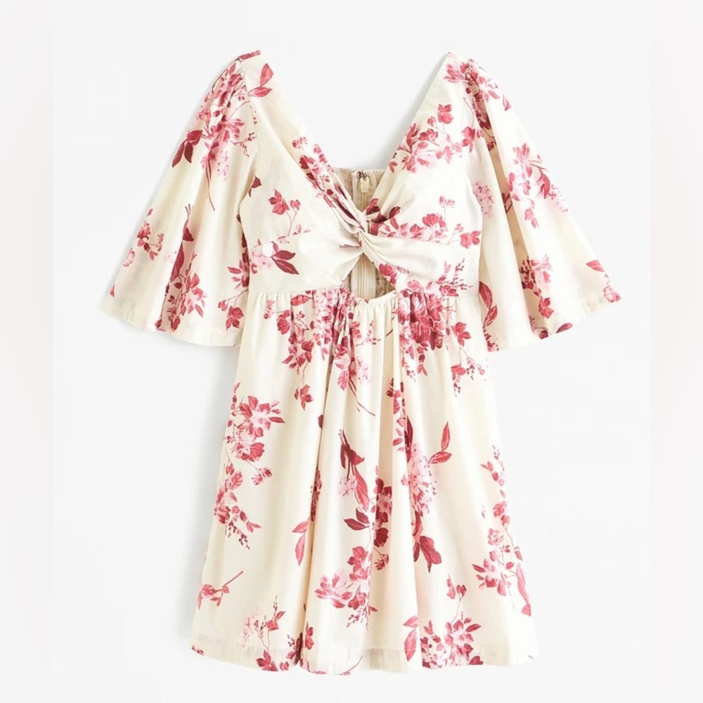 Floral V-Neck Dress with Bell Sleeves and Cutout